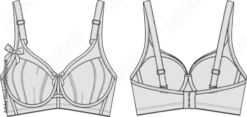 Technical fashion drawing of bra design showing front and back views with underwire cups, adjustable straps, decorative bows, seam detailing, and hook‑and‑eye closure