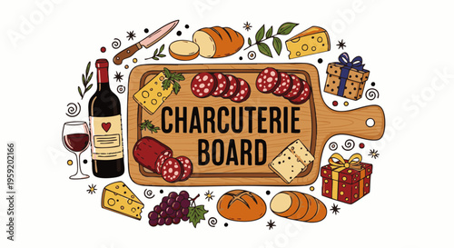 Charcuterie board food with wine cheese bread and gifts for gourmet dining and holiday party event