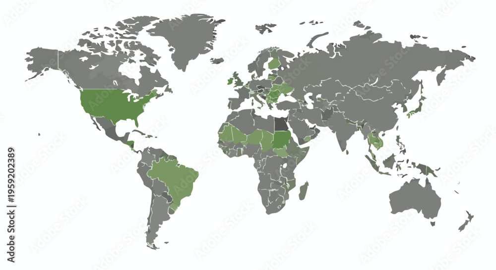 Obraz premium Map with specific countries highlighted in green against a neutral grey background for global data geography