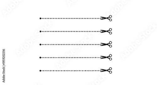 Set of five horizontal dotted lines with scissors indicating cutting paths for paper crafts and print projects