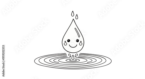 Cute cartoon water drop character falling into a pool of water creating ripples isolated on a plain white background