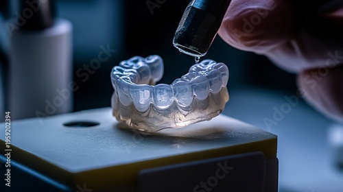 In a modern dental lab, a skilled technician delicately adds a drop of liquid onto a clear dental appliance. The equipment shines softly under focused lighting, showcasing artistry and precision