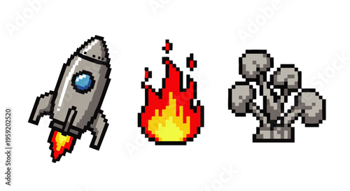 Pixel featuring a launching rocket fire flame and smoke cloud for retro gaming and digital projects space