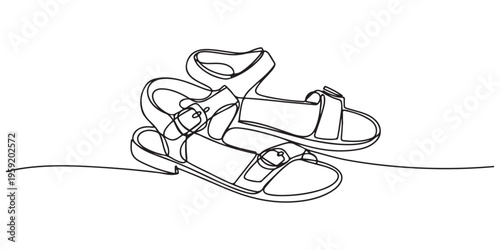 A pair of beach flip-flops in one line art style. Minimalist illustration of summer footwear for vacation drawn with one continuous black line. Vector illustration.