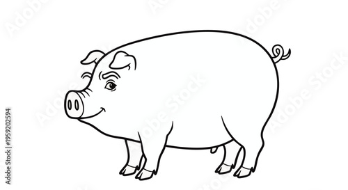 Simple black and white line of a standing pig with a curly tail and a friendly expression on white background