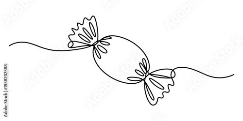 Continuous line drawing of a sweet candy in a wrapper on a white background.