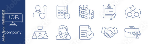 Company set icon. Collection with job screen, employee growth, calculator check, coin stack, contract clipboard, team star, hierarchy chart, manager portrait, agreement document, handshake