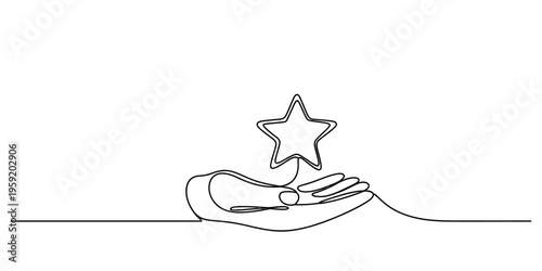 Continuous line drawing of a hand holding a star symbolizing success and achievement