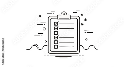 Hand drawn clipboard checklist with checkmarks and lines on a white background for task management and organization themes