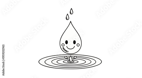 Cute water drop character falling into rippling water surface cartoon style for environmental concept