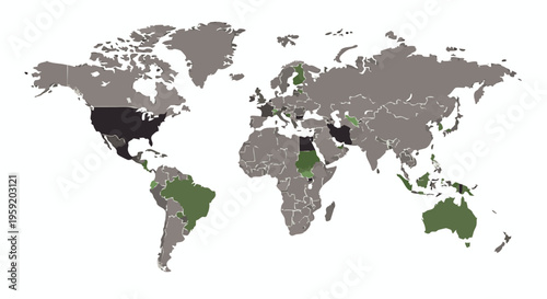 Map with specific countries highlighted in grey and green colors for global business and data analysis