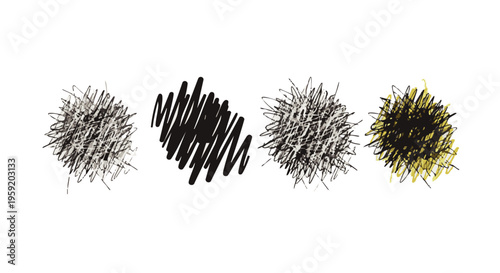 Set of four circular scribble textures and hand drawn messy lines in black and grey tones for artistic
