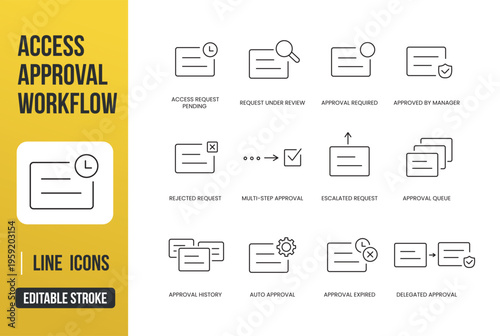 A set of access approval workflow UI icons for request handling, multi-step approvals, and decision processes in workflow systems, web and app interfaces, line style with editable stroke.