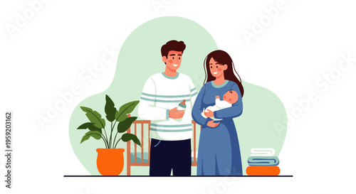 Young parents holding a newborn baby in a nursery room with a potted plant and folded laundry for family lifestyle
