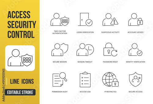 A set of access security and authentication UI icons for login protection, session control, and user verification in web and app interfaces, created in clean line style with editable stroke.