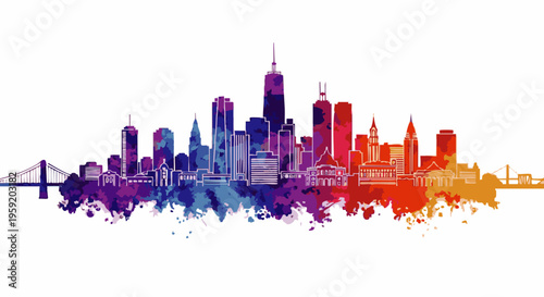 Colorful watercolor skyline silhouette of a modern city with tall buildings and a suspension bridge on a white background