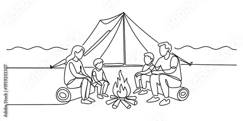 Continuous line art of a happy family sitting around a campfire near their tent