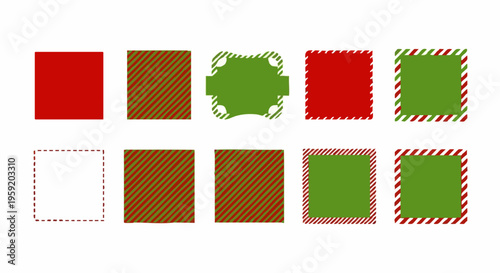 Collection of square frames and patterns with red and green stripes for holiday and festive seasonal decoration