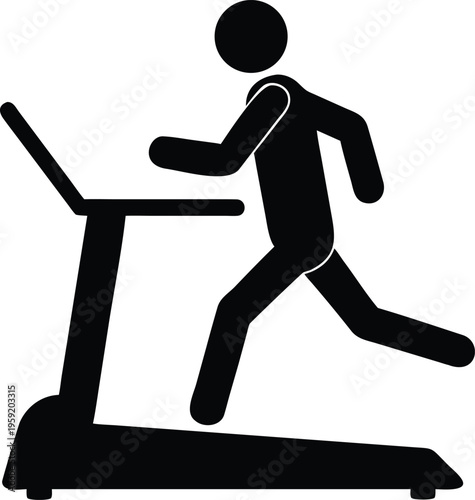 Stick figure running on a treadmill simple black and white design