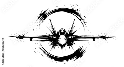Stylized airplane crashes through barbed wire circle dynamic abstract vector illustration for concepts of freedom chaos and disruption in transportation and travel