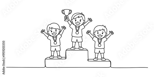 Three happy boys standing on a winner's podium with a trophy and medals in a line art style