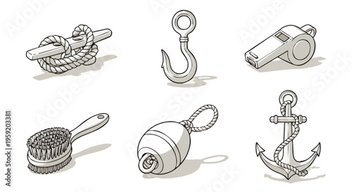 Nautical and maritime equipment set featuring a rope cleat hook whistle brush buoy and anchor in line style