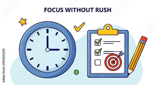 Business concept of a clock clipboard with checklist and target for focus without rush and time management