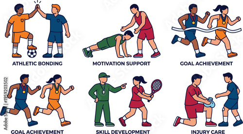 Athletes engaging in supportive actions like high-fiving, motivation, and celebrating goal achievement are depicted in sports.