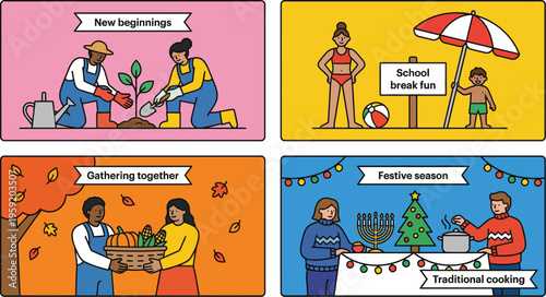 Four rectangular panels illustrate seasonal and holiday activities involving people gardening, beach fun, harvesting,.
