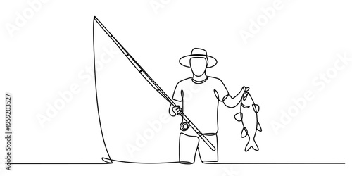 Continuous line drawing of a fisherman standing with a fishing rod and holding a caught fish.