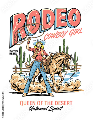 Vintage rodeo cowgirl with lasso and horse, retro wild west blonde rebel queen of the desert illustration for t-shirt design