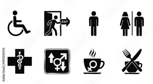 Collection of black and white universal public information signs and symbols for accessibility and facility navigation
