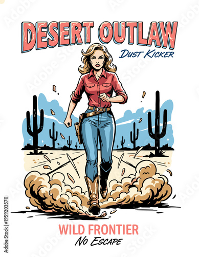 Desert outlaw cowgirl walking in wild west landscape, vintage comic book style poster vector illustration for t-shirt design