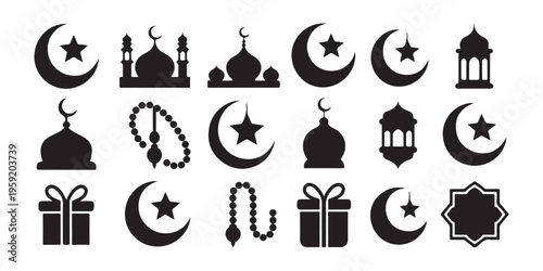 set of Silhouette Mosque with Crescent Moon and Stars- Celebrating the Joyful Occasion of Eid Mubarak with Festive Designs, white background.