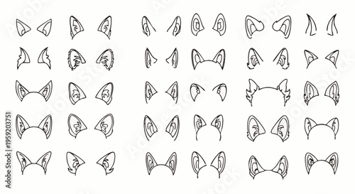 Collection of various animal ears outline for character and cosplay accessories set isolated on white background