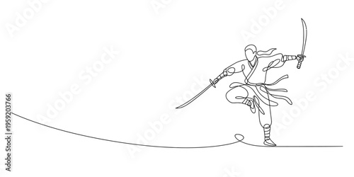 Continuous line drawing of a skilled samurai warrior in a dynamic combat pose with dual swords.