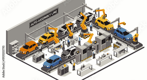 Isometric view of an automated car assembly line with robotic arms and workers in a modern industrial factory setting