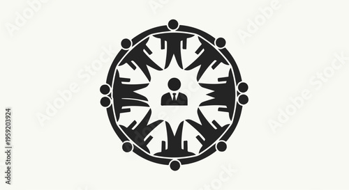 Teamwork and leadership symbolized by diverse people forming a circle around a central figure.