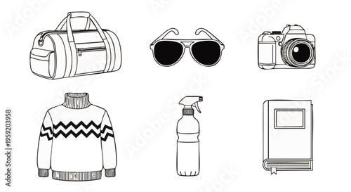 Collection of six hand drawn travel and lifestyle including a duffel bag sunglasses camera sweater and book