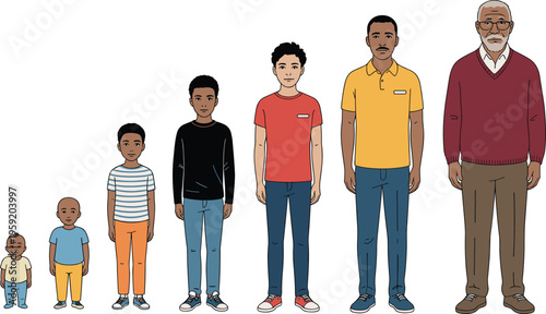 Human life stages from baby to elderly man showing growth and aging process, male character development timeline vector illustration isolated on white background