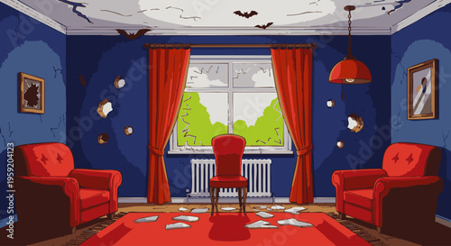 Abandoned haunted house interior with broken windows cracked walls and flying bats in a dark spooky living room setting