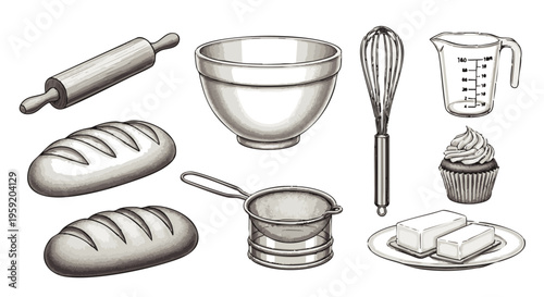 Collection of baking and kitchen utensils with bread loaves and cupcake for culinary or cooking concept