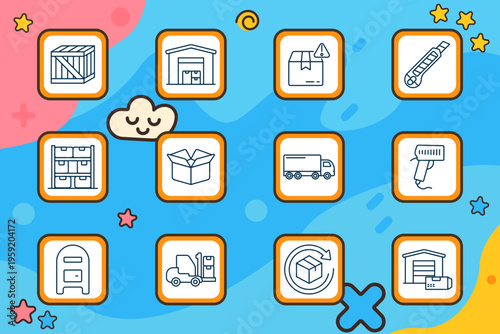 Logistics icon. Wooden crate, warehouse, fragile package, cutter knife, storage rack, open box, delivery truck, barcode scanner, parcel locker, forklift, return box, hangar building, shipping service