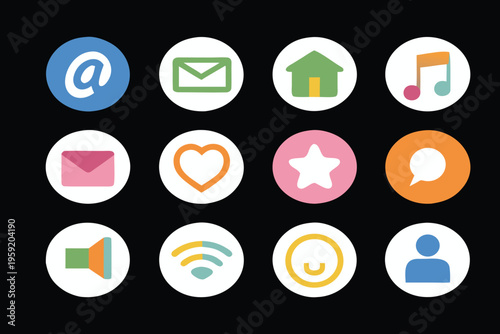 Colorful collection of diverse communication and utility icons on white