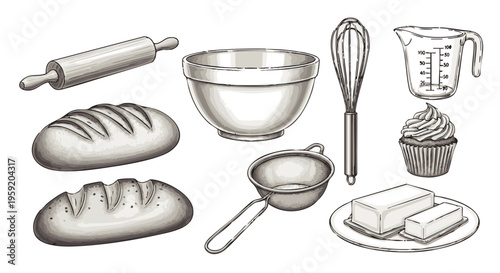 Set of vintage style hand drawn kitchen baking tools and ingredients including bread bowl whisk and measuring cup