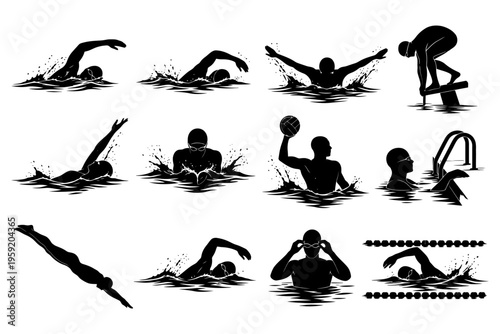 Dynamic silhouettes of male swimmers in various competitive swimming poses.