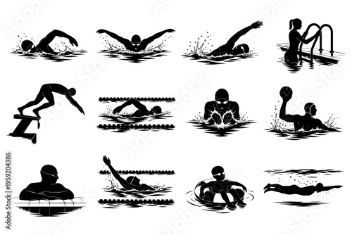 Silhouette swimming activities: diverse strokes and aquatic exercises.
