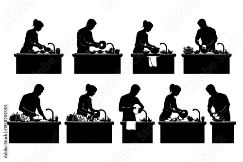 Silhouettes of diverse adults washing dishes at kitchen sink.