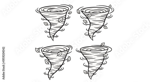 Set of four hand drawn tornado weather showing swirling wind vortexes with flying leaves in a style cyclone