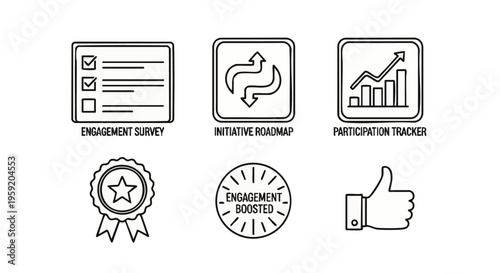 Business engagement set featuring survey roadmap tracker badge and thumbs up symbol in clean line style
